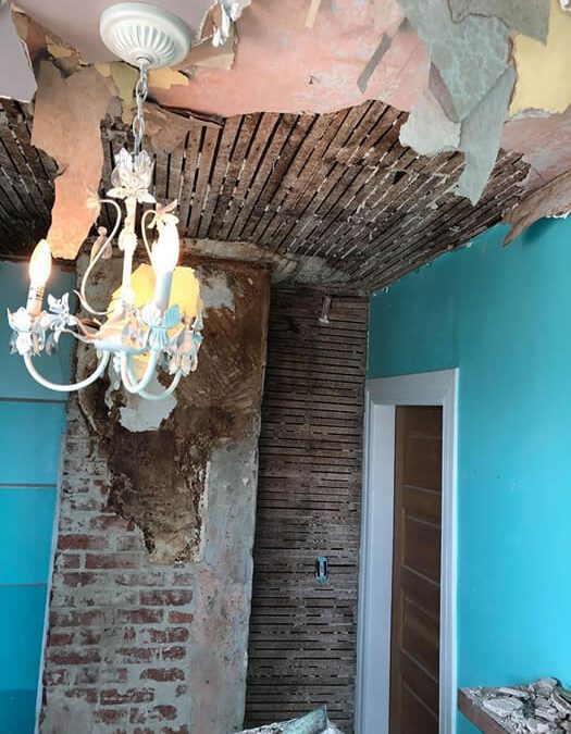 Water damaged lath and plaster ceiling.