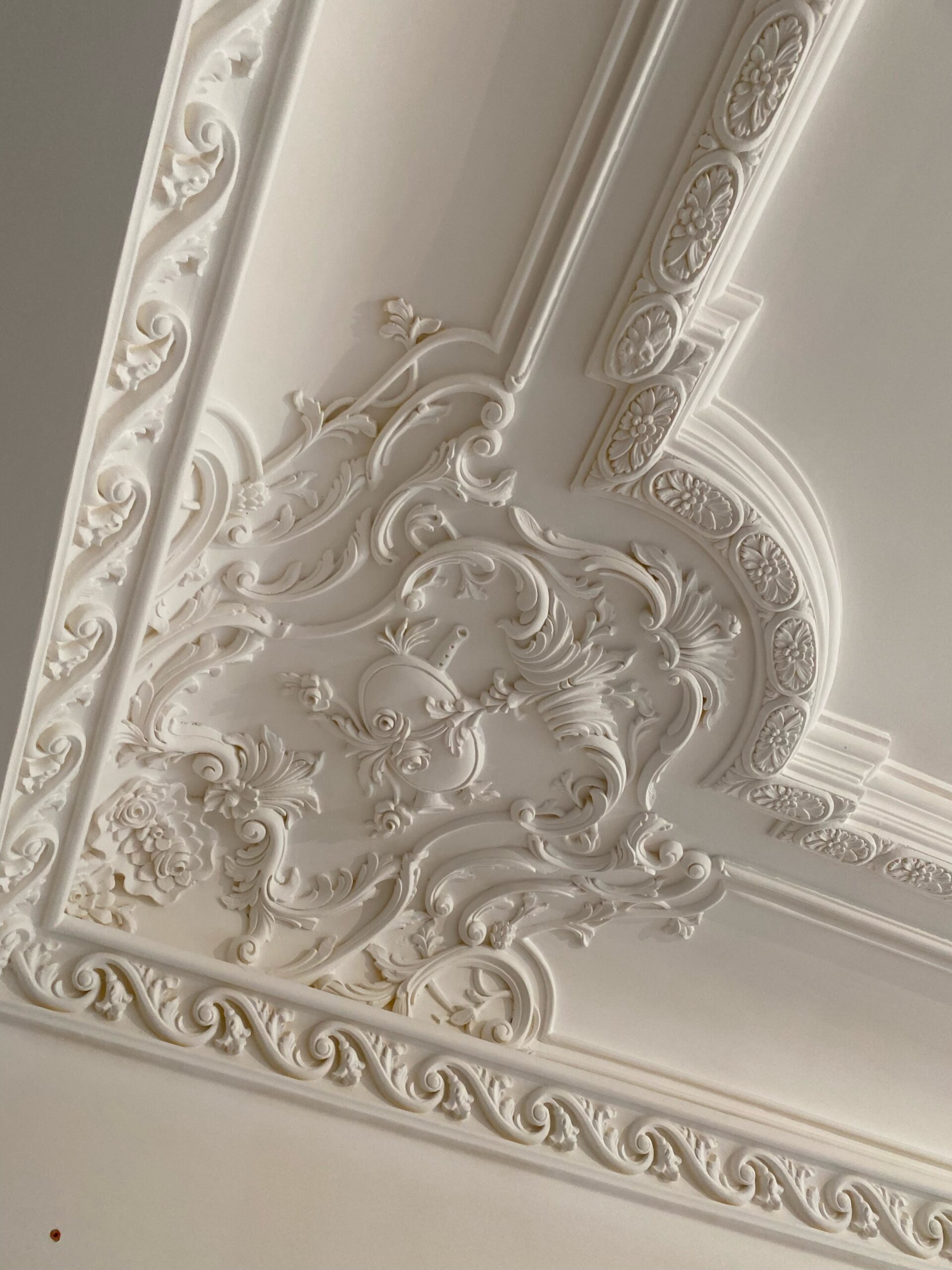 Corner of a ceiling with crown molding and extra designs.