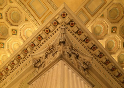 Ornate crown molding, and ceiling and wall ornamentation we restored in a historic theater.